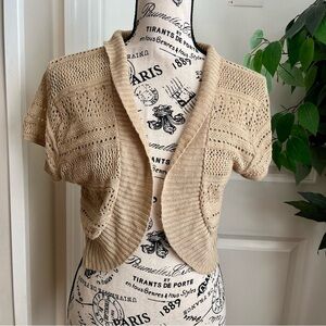 Mandee Cropped Knit Cap Sleeve Cardigan Shrug Beige Sz M
